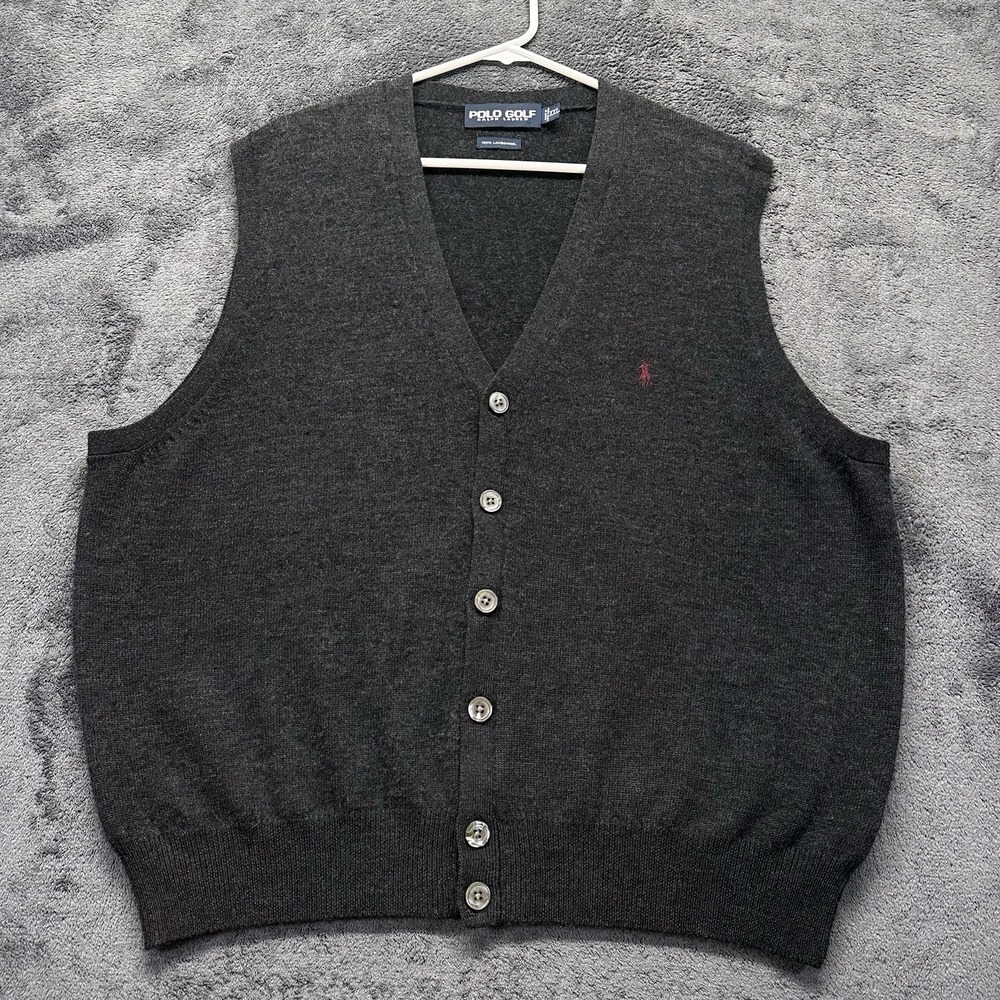Vintage Polo Golf Cardigan Mens 2XL 100% Lambswool Gray Knit Button Up Professor